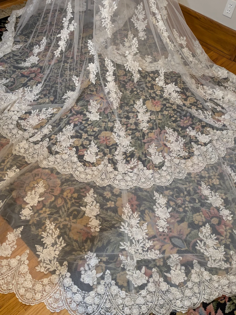 Ivory Beaded Bodice Bridal Overlay with Train and Floral Appliqué - Picture 9 of 12